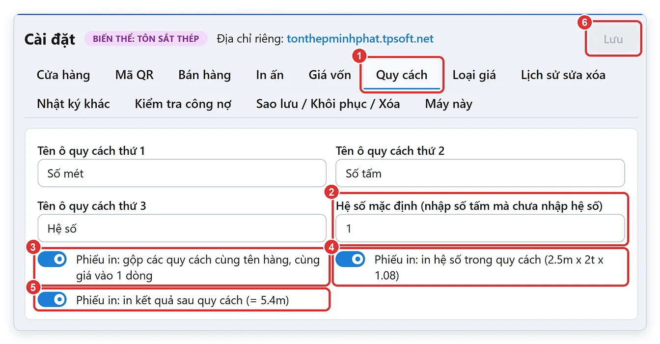 Cài đặt quy cách tôn trong TPSoft Web: tên ô, hệ số mặc định, in gộp quy cách
