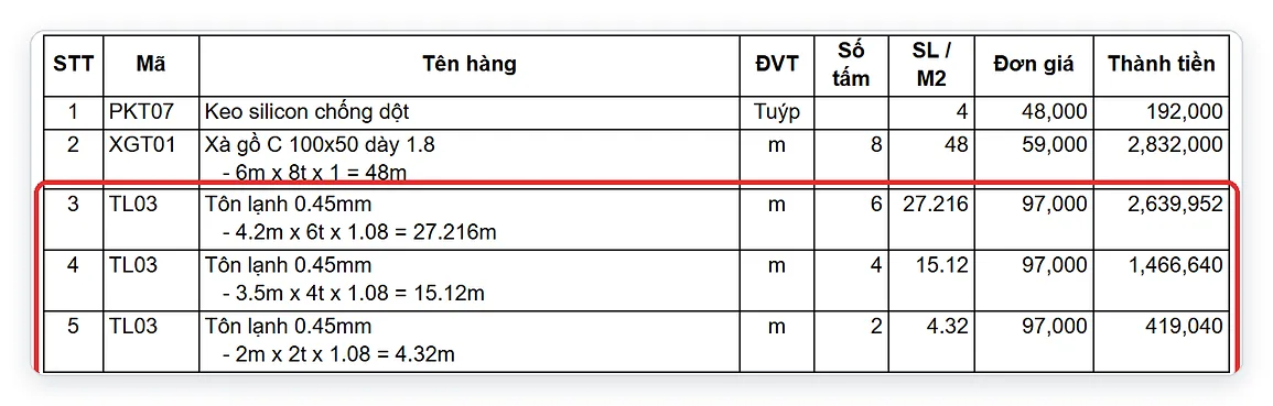 Hóa đơn tôn in không gộp quy cách, mỗi quy cách một dòng