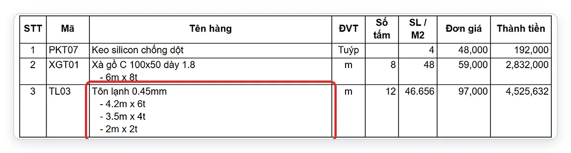 Hóa đơn tôn in quy cách không có hệ số và kết quả