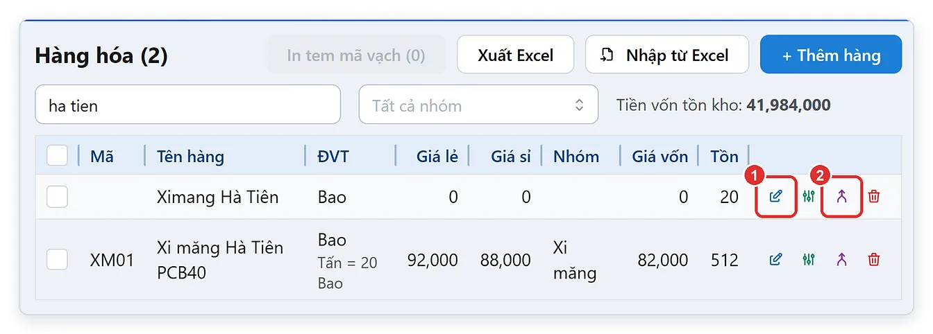 Nút Sửa và nút Gộp trong danh sách hàng hóa TPSoft Web