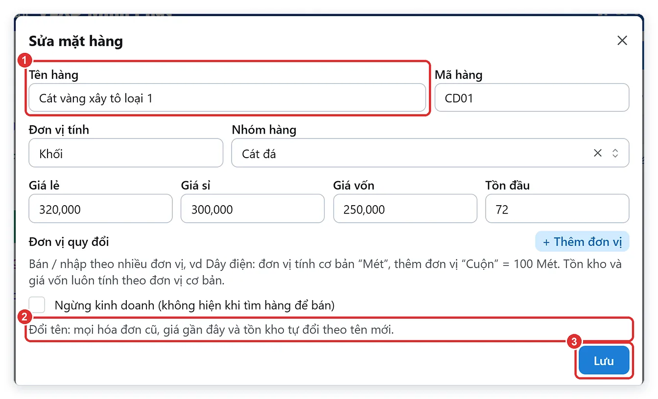 Đổi tên hàng hóa trong hộp Sửa mặt hàng, hóa đơn cũ tự theo tên mới