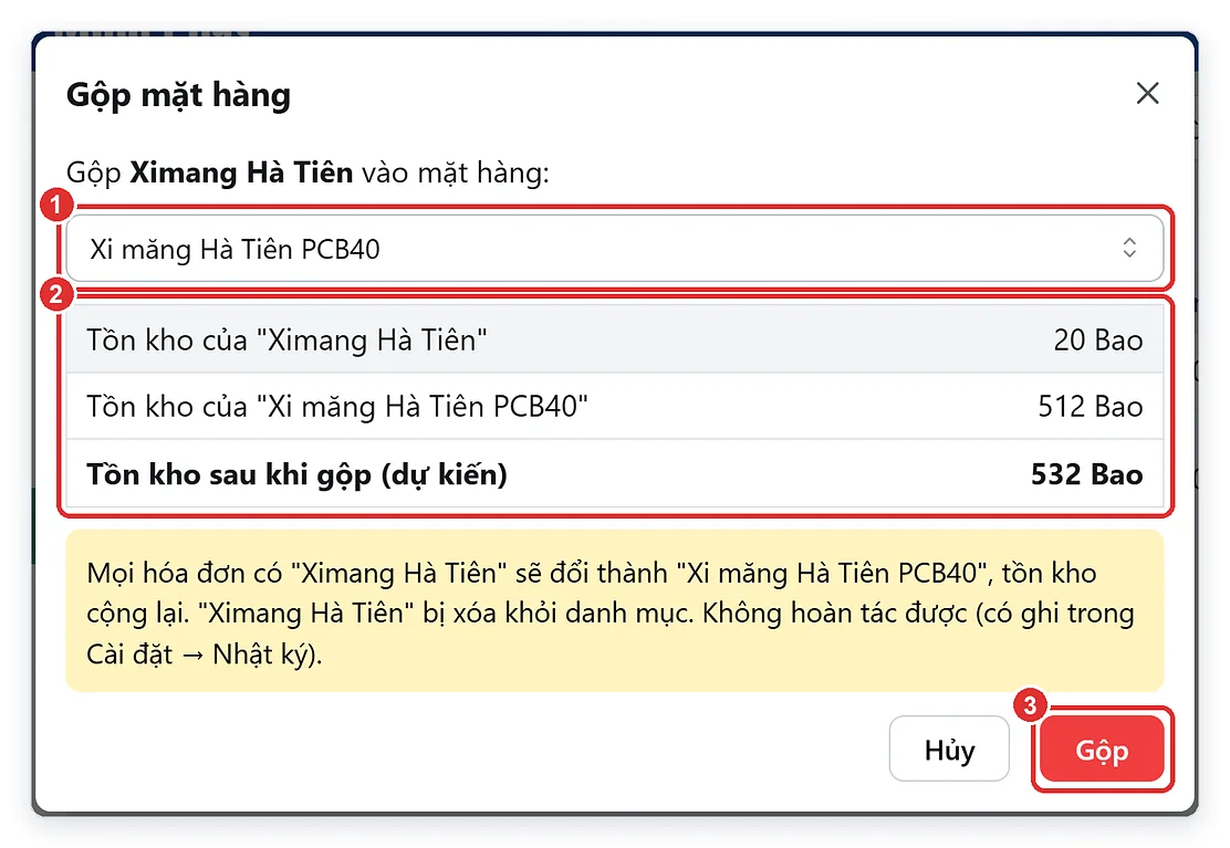 Gộp tên trùng hàng hóa, tồn kho cộng lại sau khi gộp