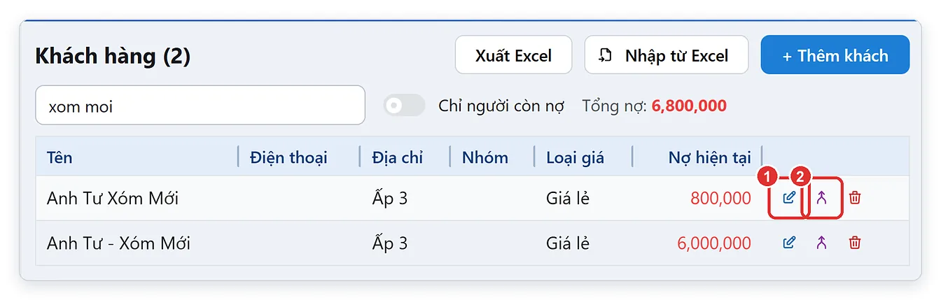 Hai khách hàng trùng tên trong danh sách khách hàng, nút Gộp