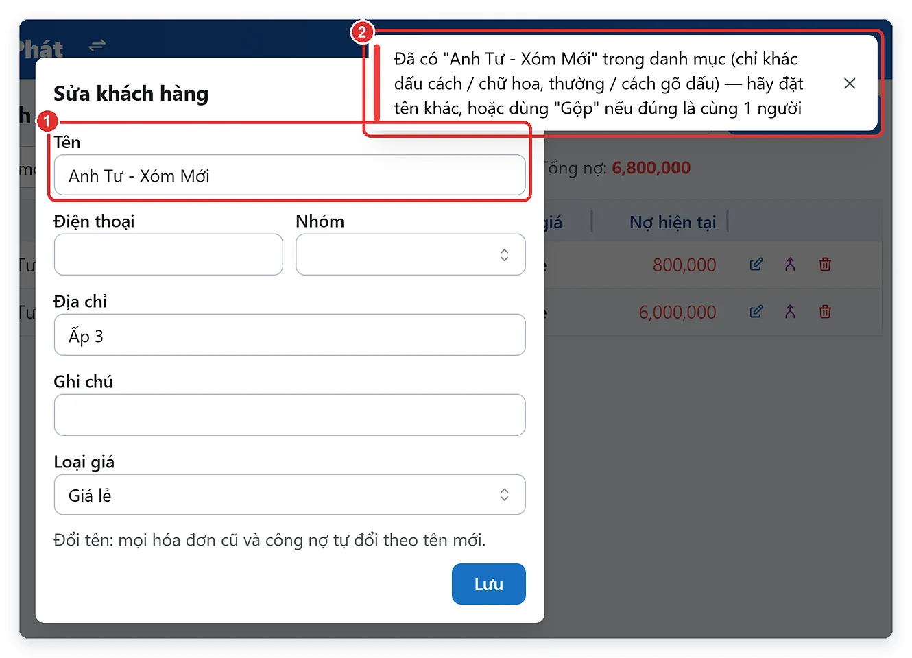 Đổi tên khách hàng trùng tên đã có, phần mềm báo dùng Gộp