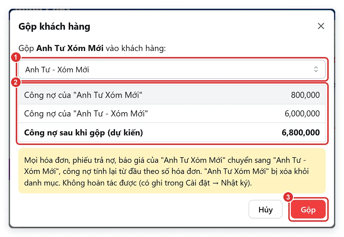 Gộp tên trùng khách hàng trên TPSoft Web, xem trước công nợ sau khi gộp