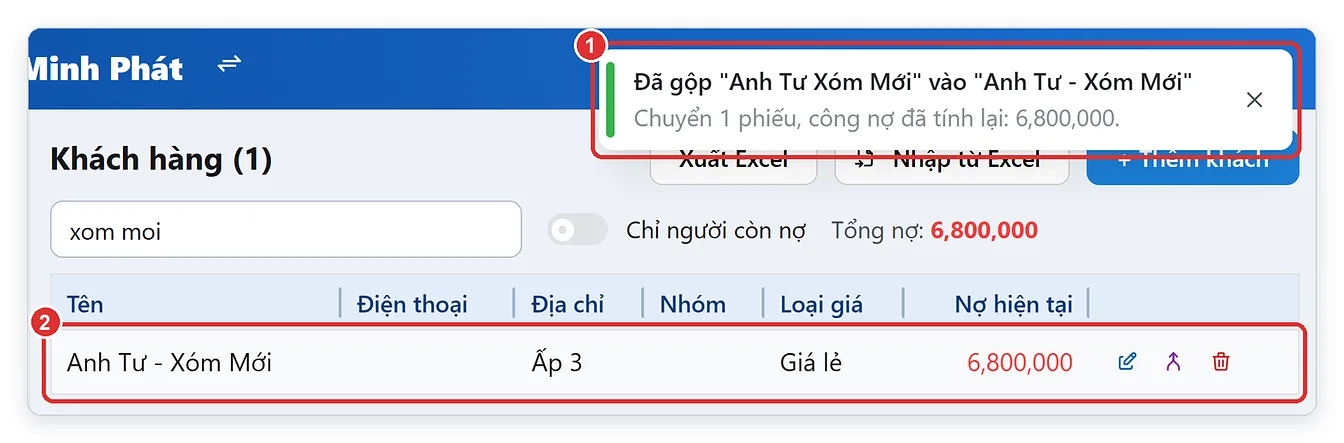 Thông báo đã gộp khách hàng, công nợ tính lại
