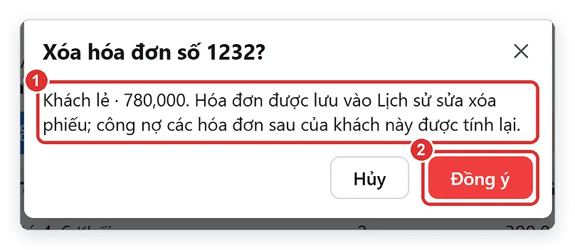Hộp hỏi xóa hóa đơn: hóa đơn được lưu vào lịch sử sửa xóa
