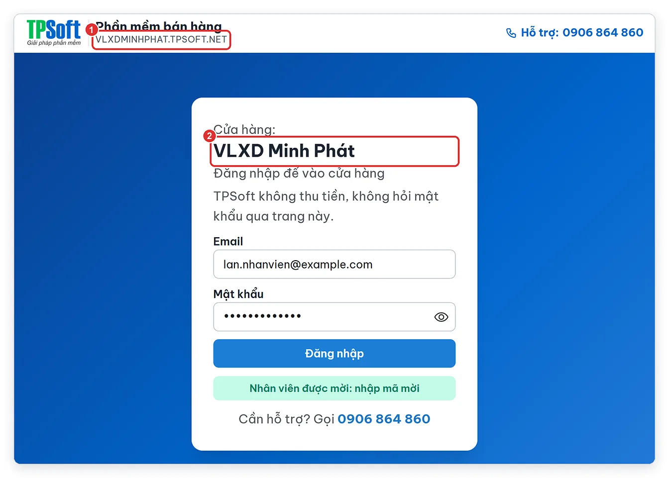 Trang đăng nhập địa chỉ riêng của cửa hàng trên TPSoft Web