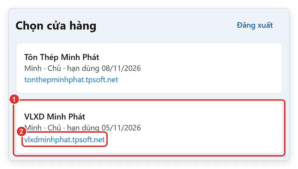 Trang chọn cửa hàng khi một tài khoản có nhiều cửa hàng