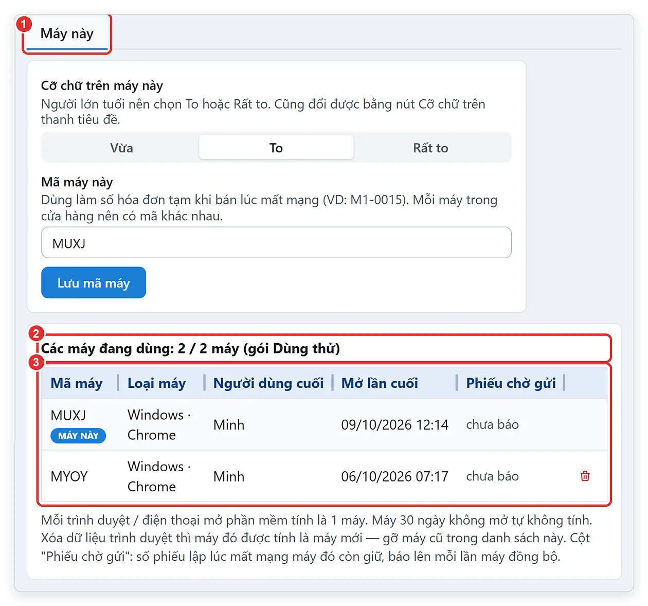 Danh sách các máy đang dùng phần mềm TPSoft Web của cửa hàng