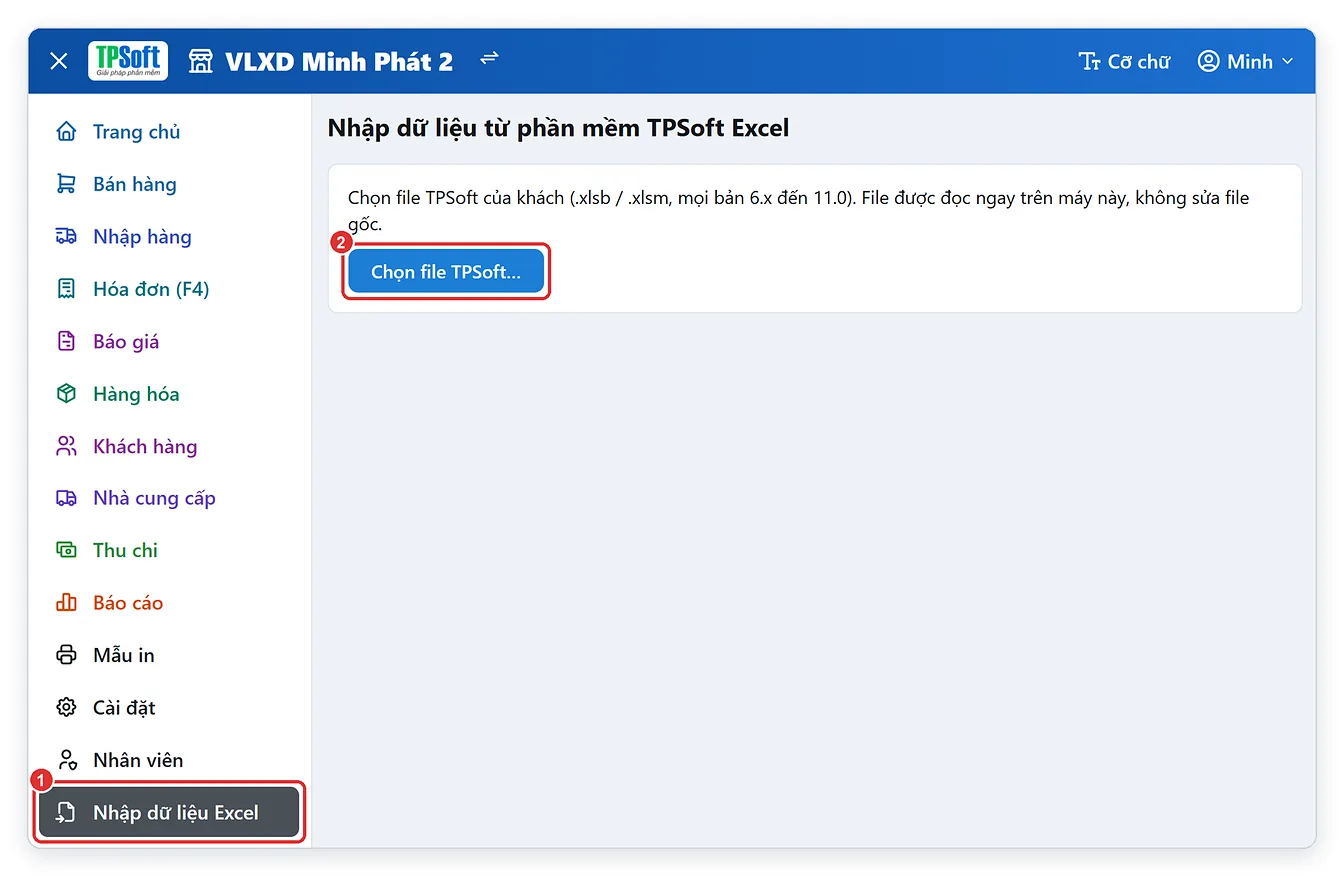 Menu Nhập dữ liệu Excel và nút Chọn file TPSoft trên TPSoft Web