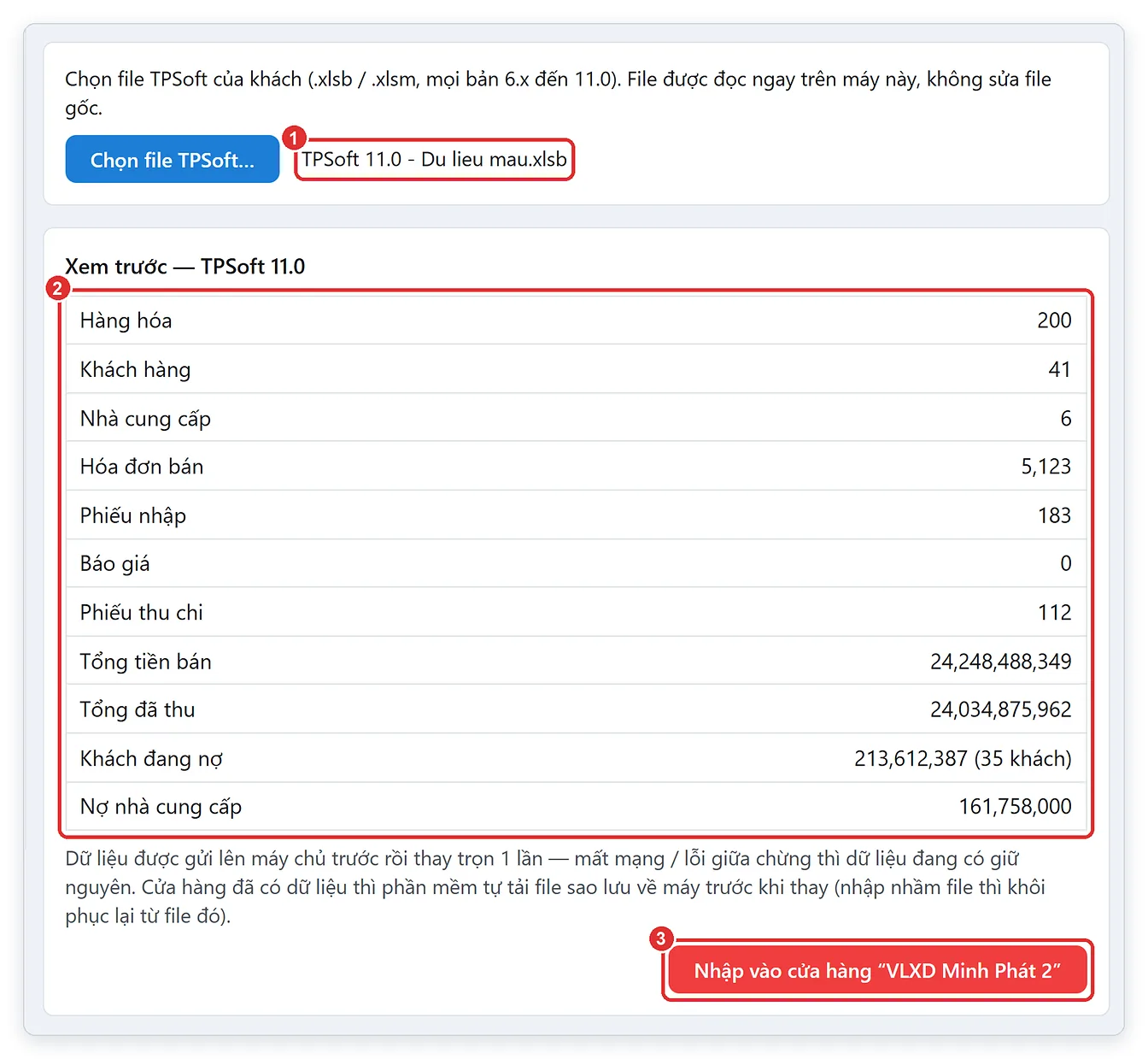 Xem trước dữ liệu TPSoft Excel trước khi chuyển sang TPSoft Web