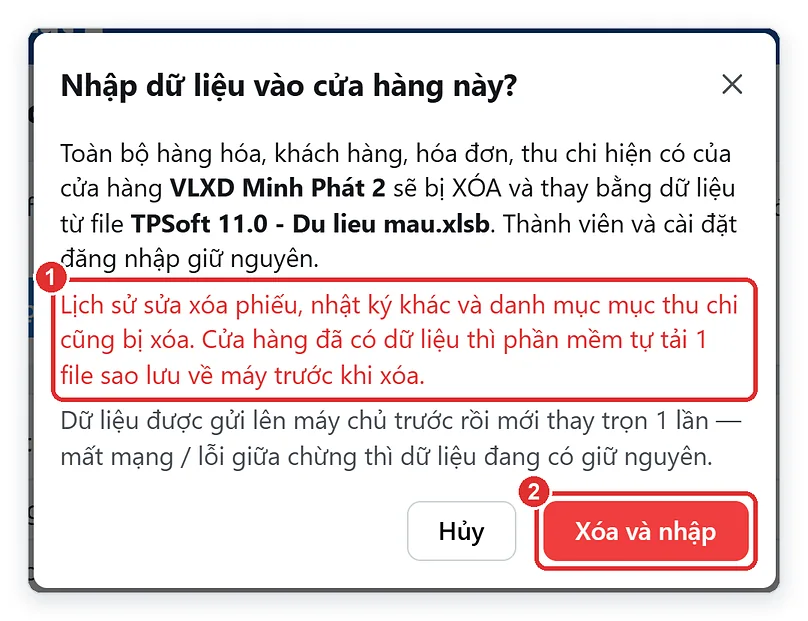 Hộp xác nhận nhập dữ liệu TPSoft Excel vào cửa hàng