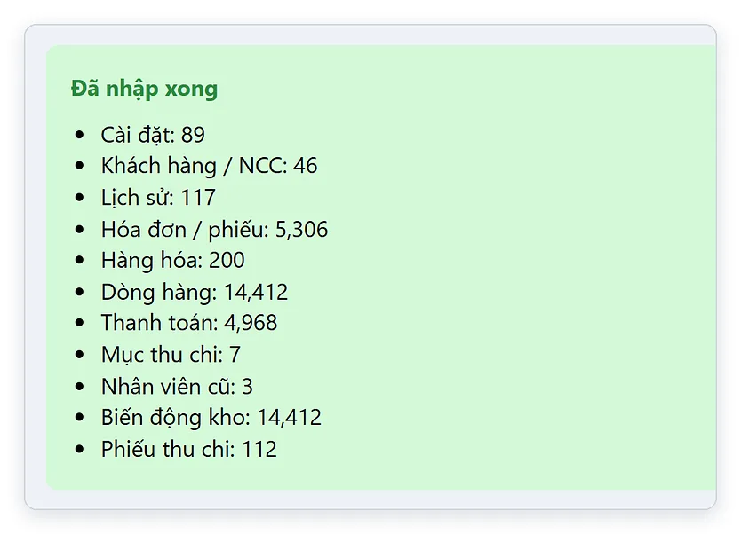 Thông báo đã nhập xong dữ liệu từ TPSoft Excel