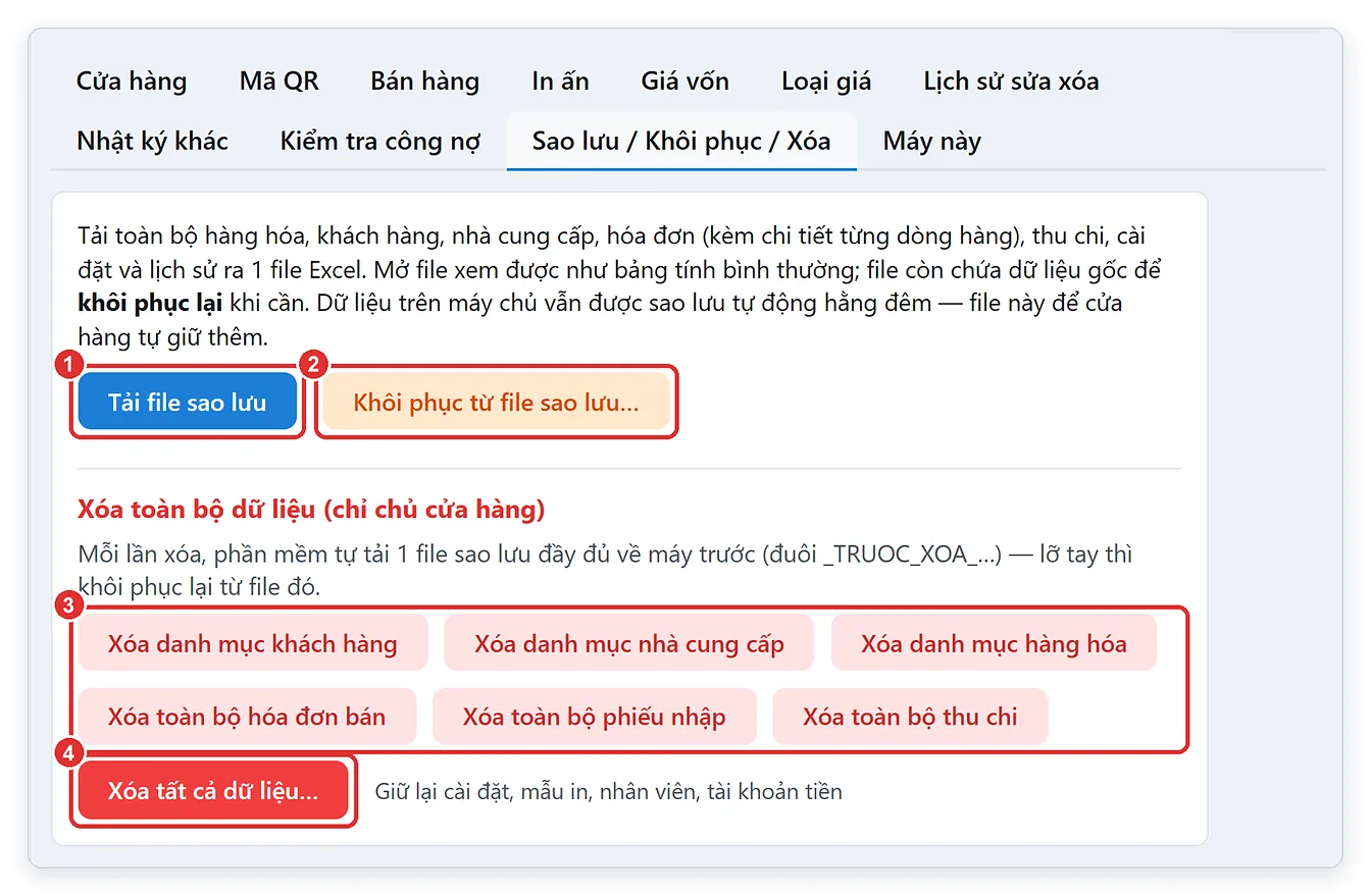 Sao lưu dữ liệu, khôi phục, xóa dữ liệu trong Cài đặt TPSoft Web