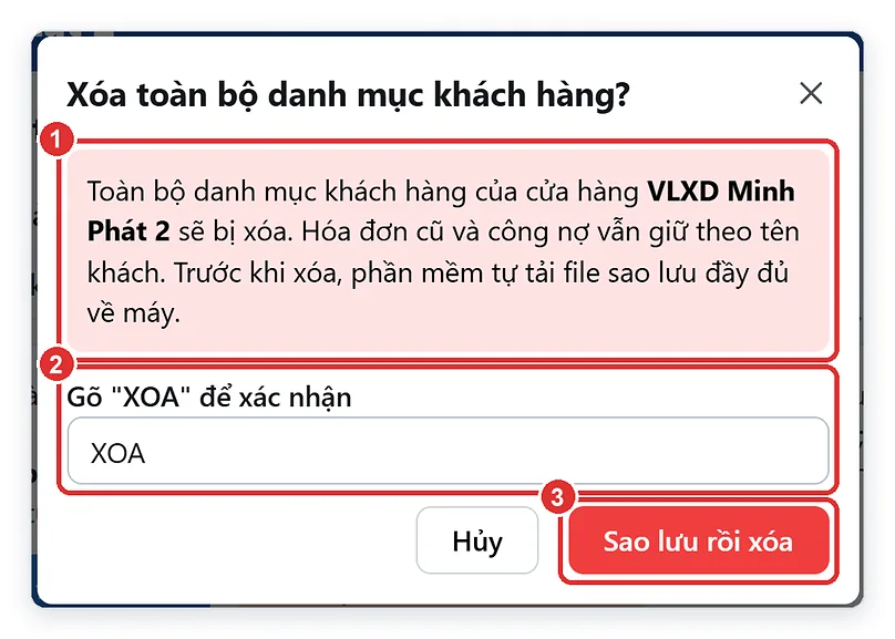 Hộp xác nhận xóa danh mục khách hàng, gõ XOA để xóa