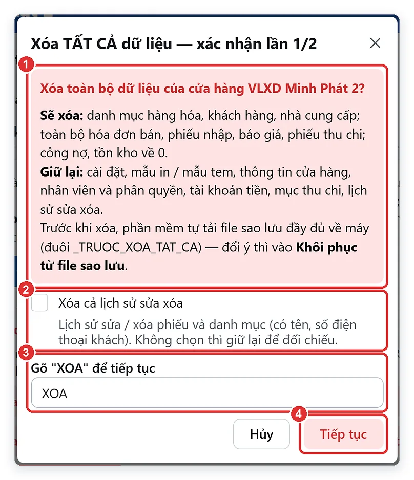 Xóa tất cả dữ liệu cửa hàng, xóa dữ liệu mẫu — xác nhận lần 1