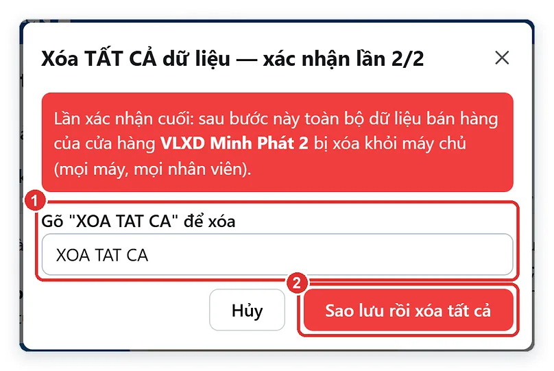 Xác nhận lần cuối xóa tất cả dữ liệu, gõ XOA TAT CA