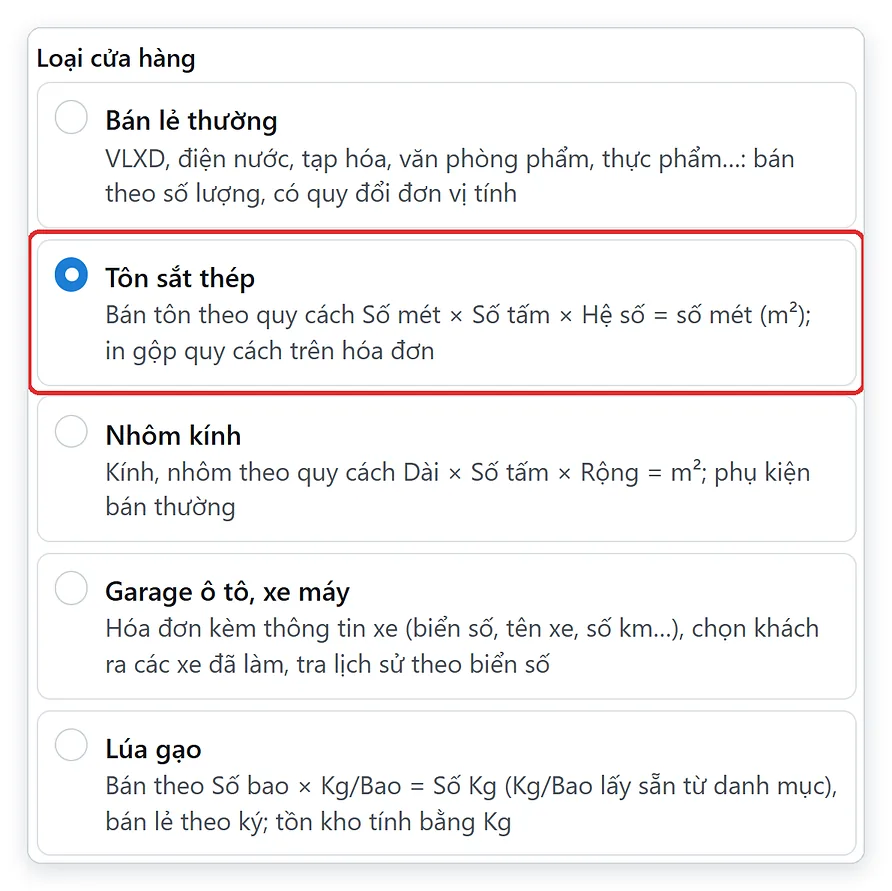Chọn loại cửa hàng Tôn sắt thép khi tạo cửa hàng trên TPSoft Web