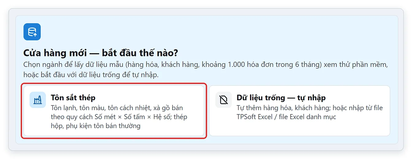 Lấy dữ liệu mẫu ngành tôn sắt thép để dùng thử phần mềm