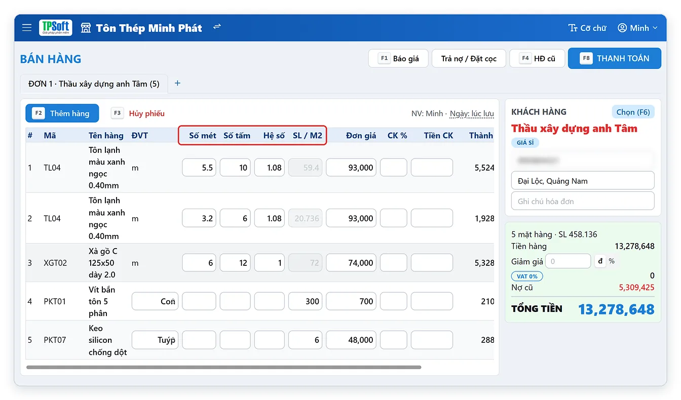 Phần mềm bán hàng tôn sắt thép TPSoft Web: màn bán hàng có cột Số mét, Số tấm, Hệ số