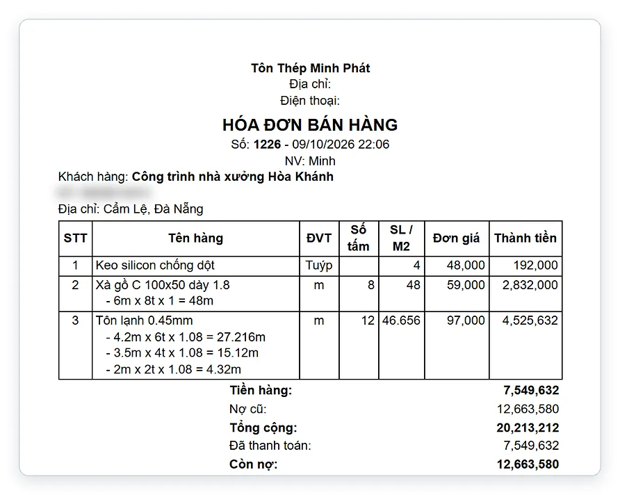 Mẫu hóa đơn bán tôn khổ A5 in gộp quy cách trên TPSoft Web