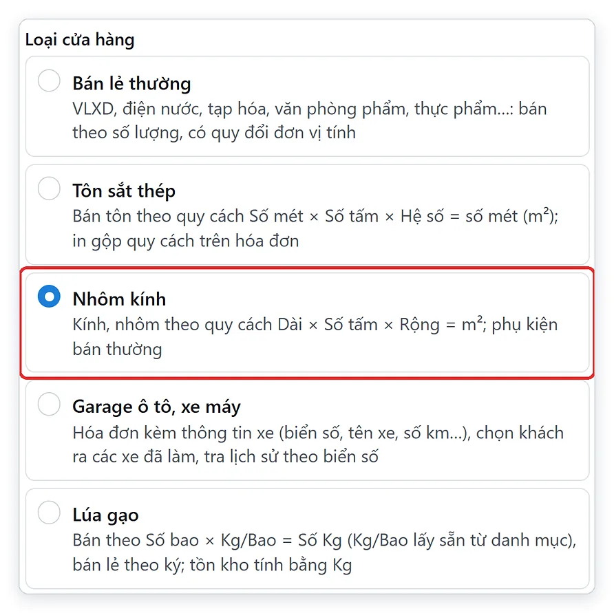 Chọn loại cửa hàng Nhôm kính khi tạo cửa hàng trên TPSoft Web