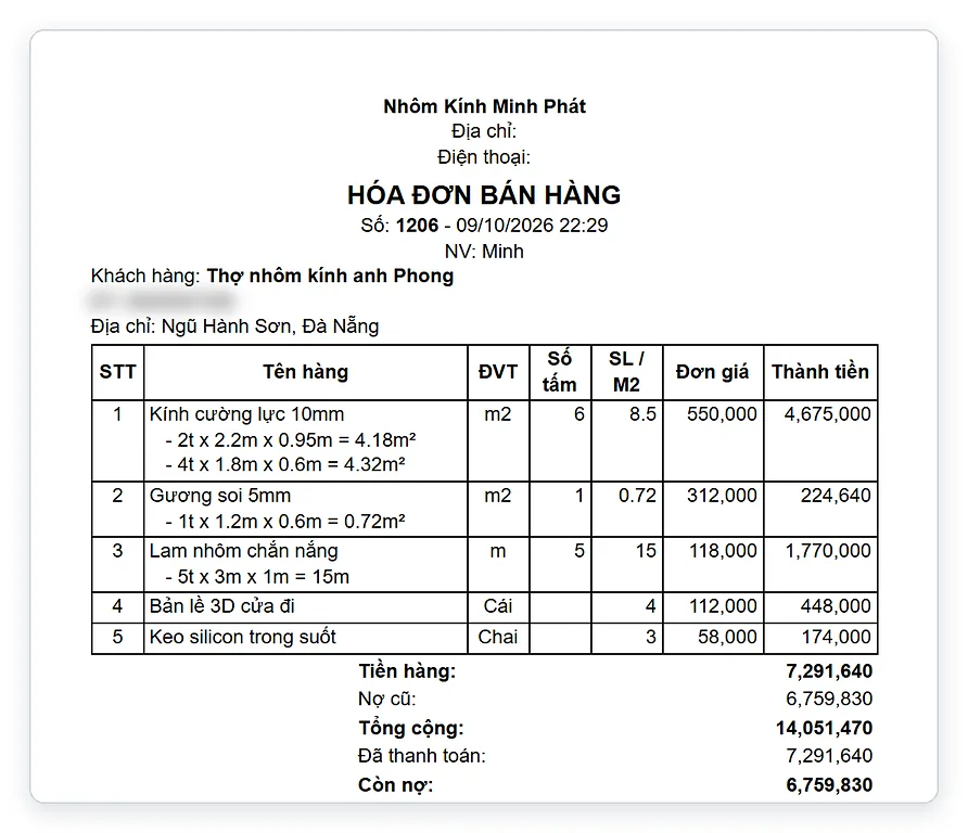 Mẫu hóa đơn bán kính khổ A5 in kích thước từng tấm và số m2