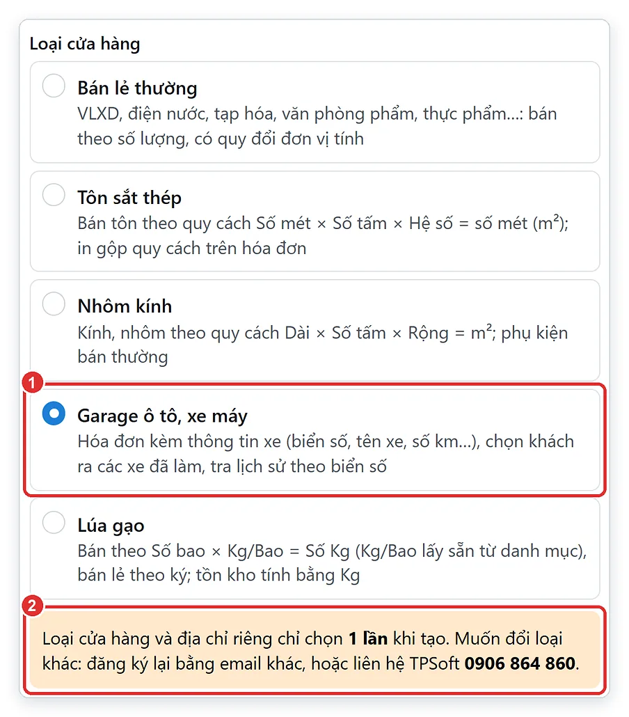 Chọn loại cửa hàng Garage ô tô, xe máy khi tạo cửa hàng mới