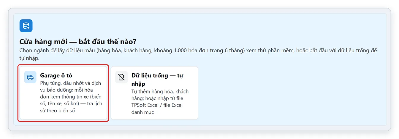Lấy dữ liệu mẫu ngành Garage ô tô để dùng thử phần mềm