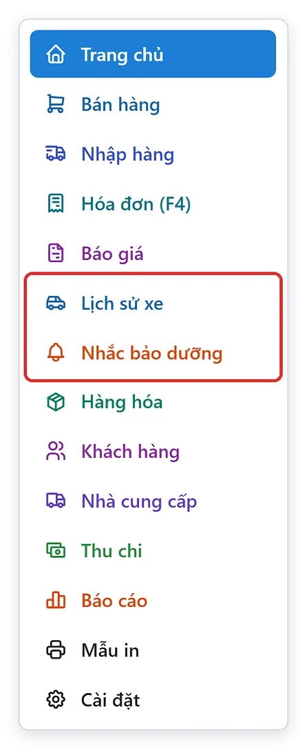 Menu Lịch sử xe và Nhắc bảo dưỡng của phần mềm garage