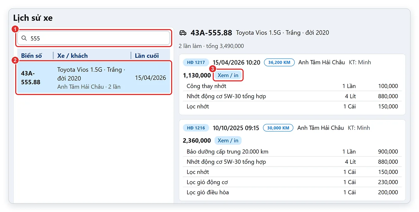 Tra lịch sử sửa chữa xe theo biển số trên phần mềm garage TPSoft Web