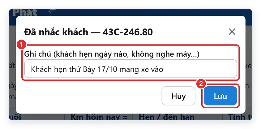 Ghi lại lần đã gọi nhắc khách bảo dưỡng xe