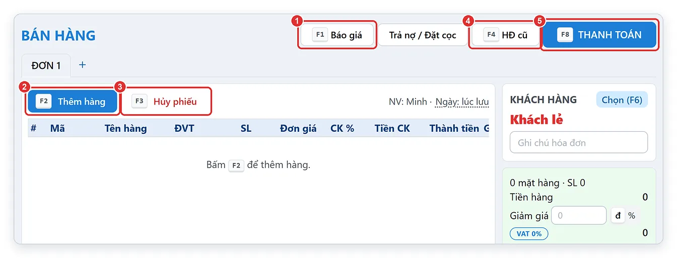 Phím tắt F1 F2 F3 F4 F8 trên màn hình bán hàng TPSoft Web