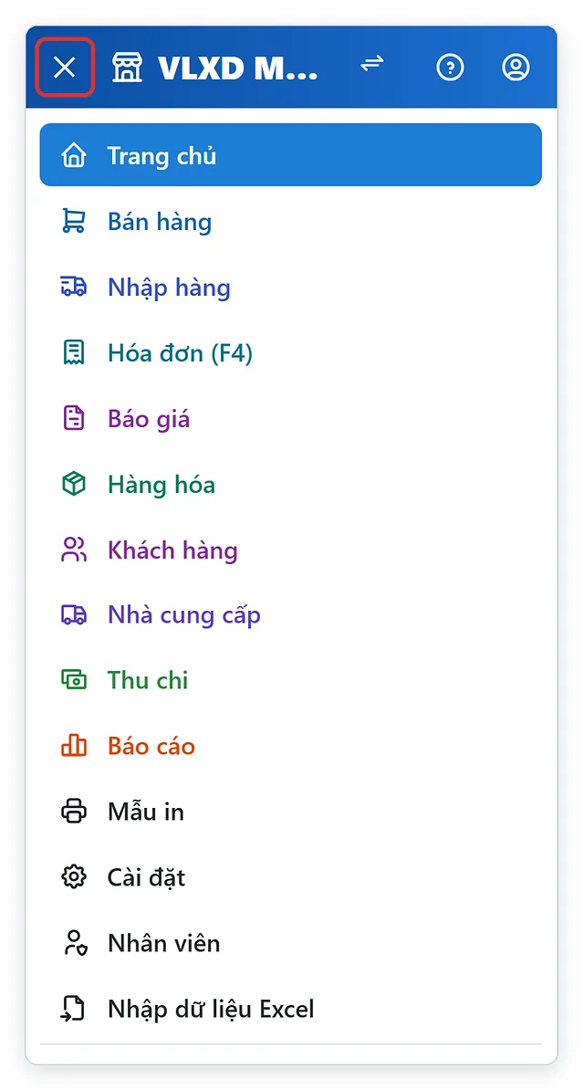Menu phần mềm TPSoft Web trên điện thoại