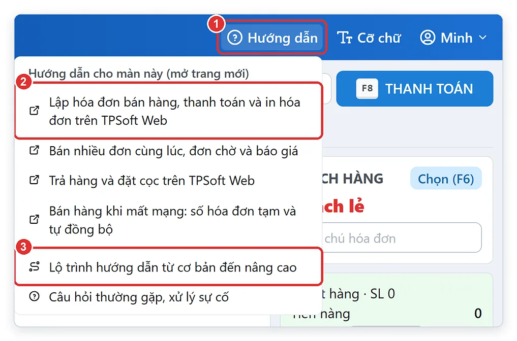 Nút Hướng dẫn trên thanh trên cùng của TPSoft Web mở bài hướng dẫn cho màn đang dùng