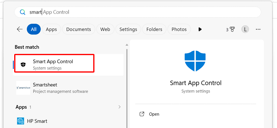 Tìm Smart App Control trong ô tìm kiếm Windows 11