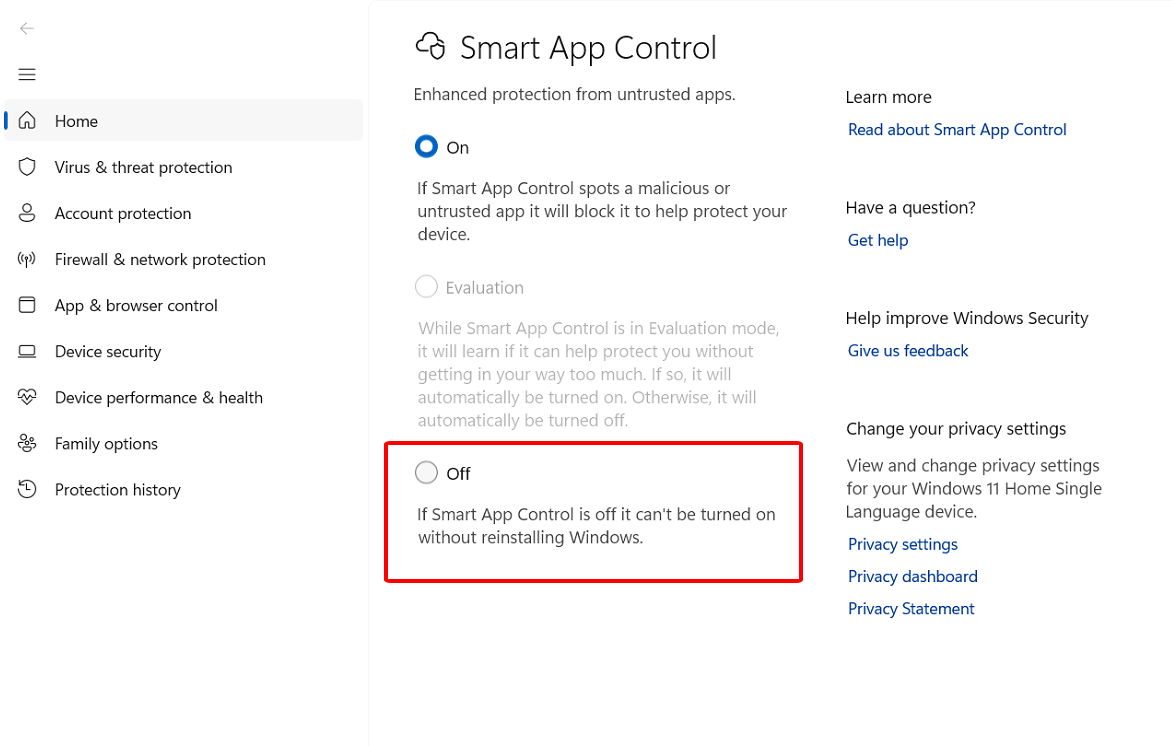 Tắt Smart App Control trong Windows Security bằng cách chọn Off