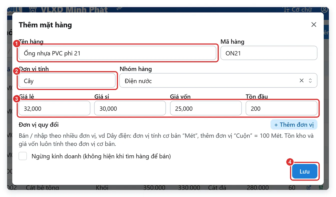 Hộp thêm mặt hàng mới: tên hàng, đơn vị tính, giá bán, giá vốn, tồn đầu