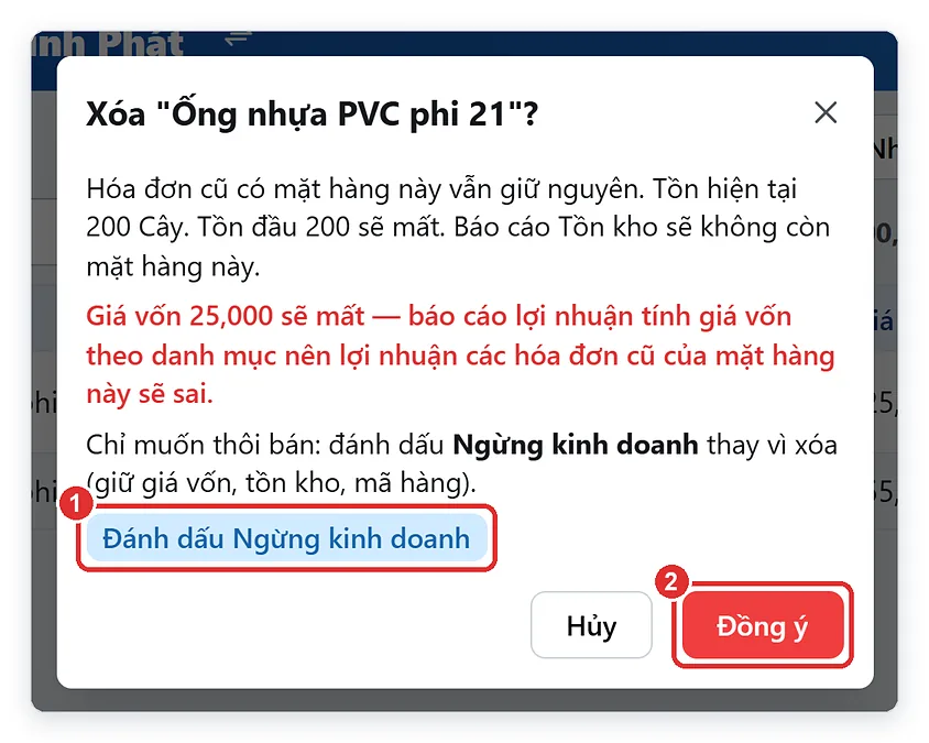 Hộp hỏi lại khi xóa hàng hóa, gợi ý đánh dấu ngừng kinh doanh
