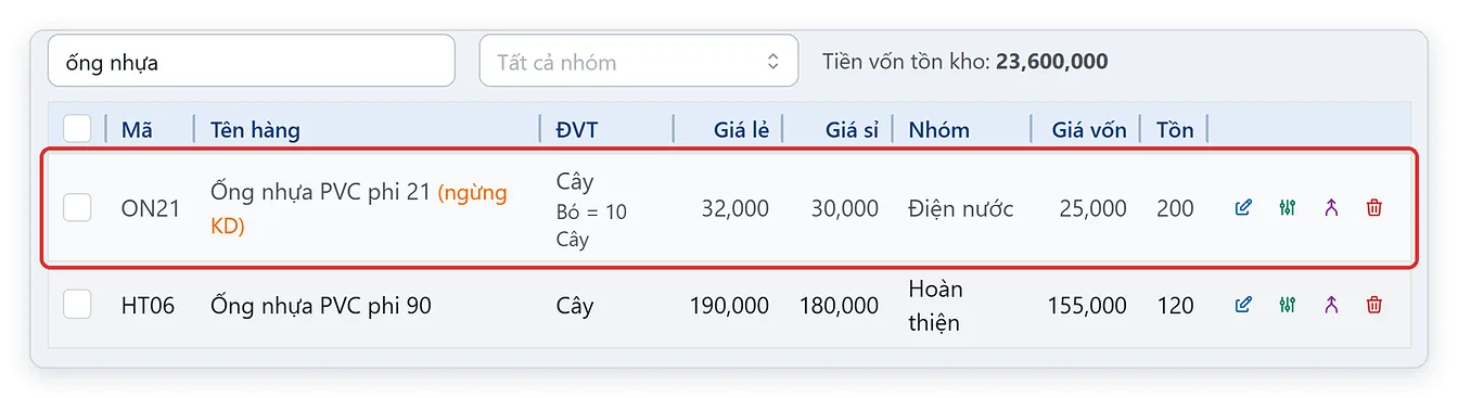 Mặt hàng ngừng kinh doanh trong danh sách hàng hóa TPSoft Web