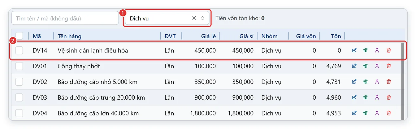 Danh sách dịch vụ garage lọc theo nhóm Dịch vụ
