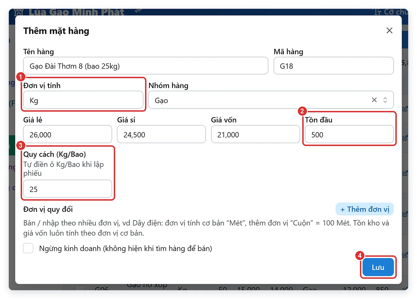 Thêm mặt hàng gạo với quy cách Kg/Bao trong phần mềm quản lý kho gạo TPSoft Web