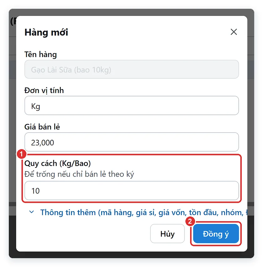 Thêm nhanh loại gạo mới có quy cách Kg/Bao ngay khi đang bán hàng