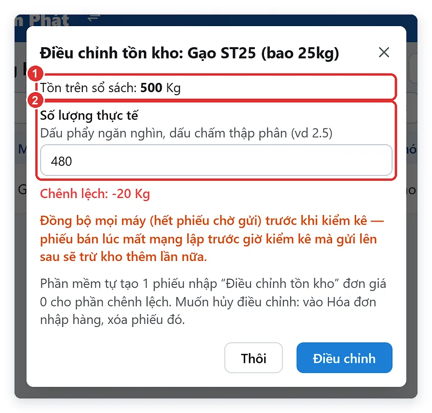 Kiểm kê, điều chỉnh tồn kho gạo theo kg trên TPSoft Web