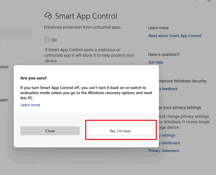 Xác nhận tắt Smart App Control bằng nút Yes, I'm sure