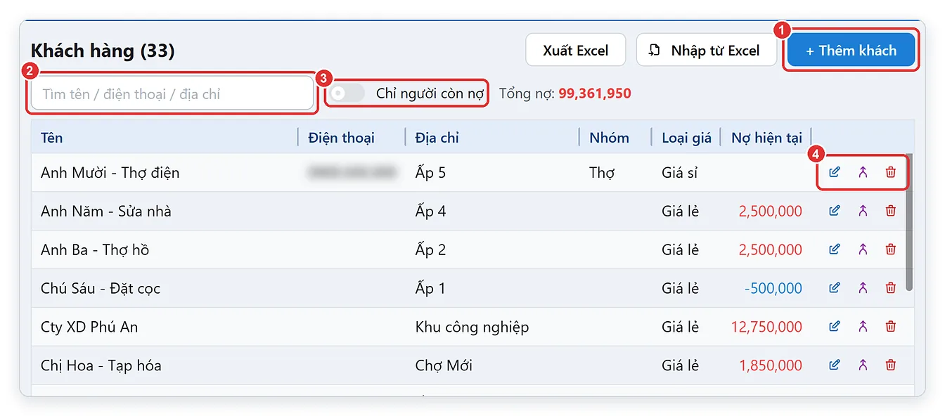 Màn hình quản lý khách hàng trên phần mềm TPSoft Web