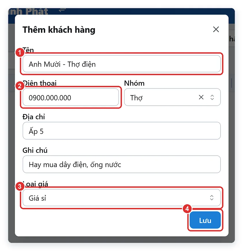 Hộp thêm khách hàng mới: tên, điện thoại, nhóm, địa chỉ, loại giá