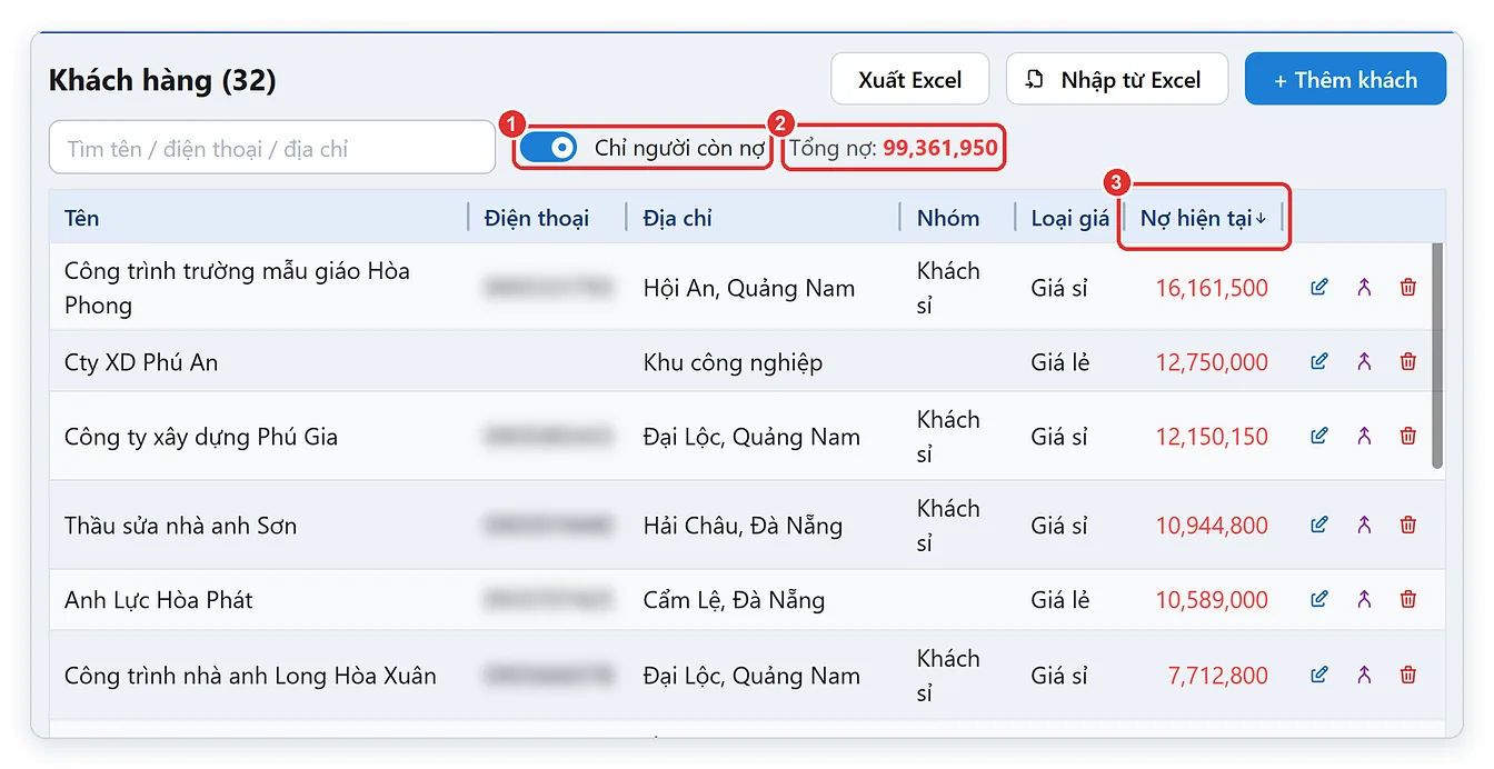 Lọc khách hàng còn nợ và xem tổng công nợ khách hàng