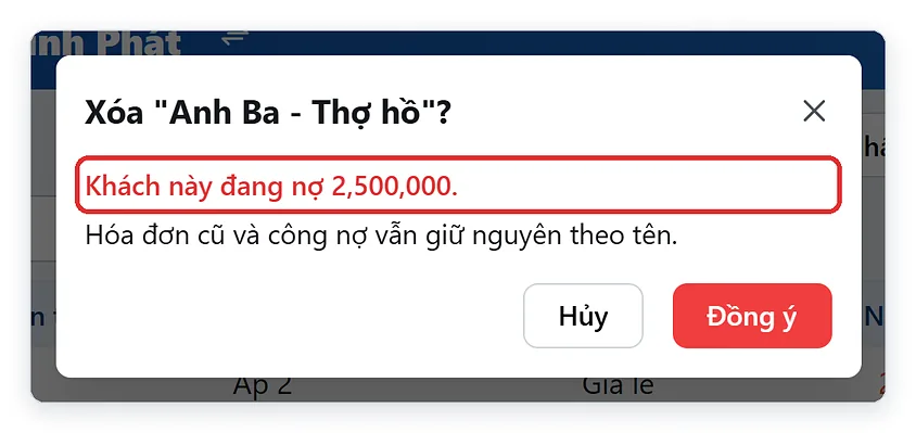 Hộp hỏi lại khi xóa khách hàng đang còn nợ